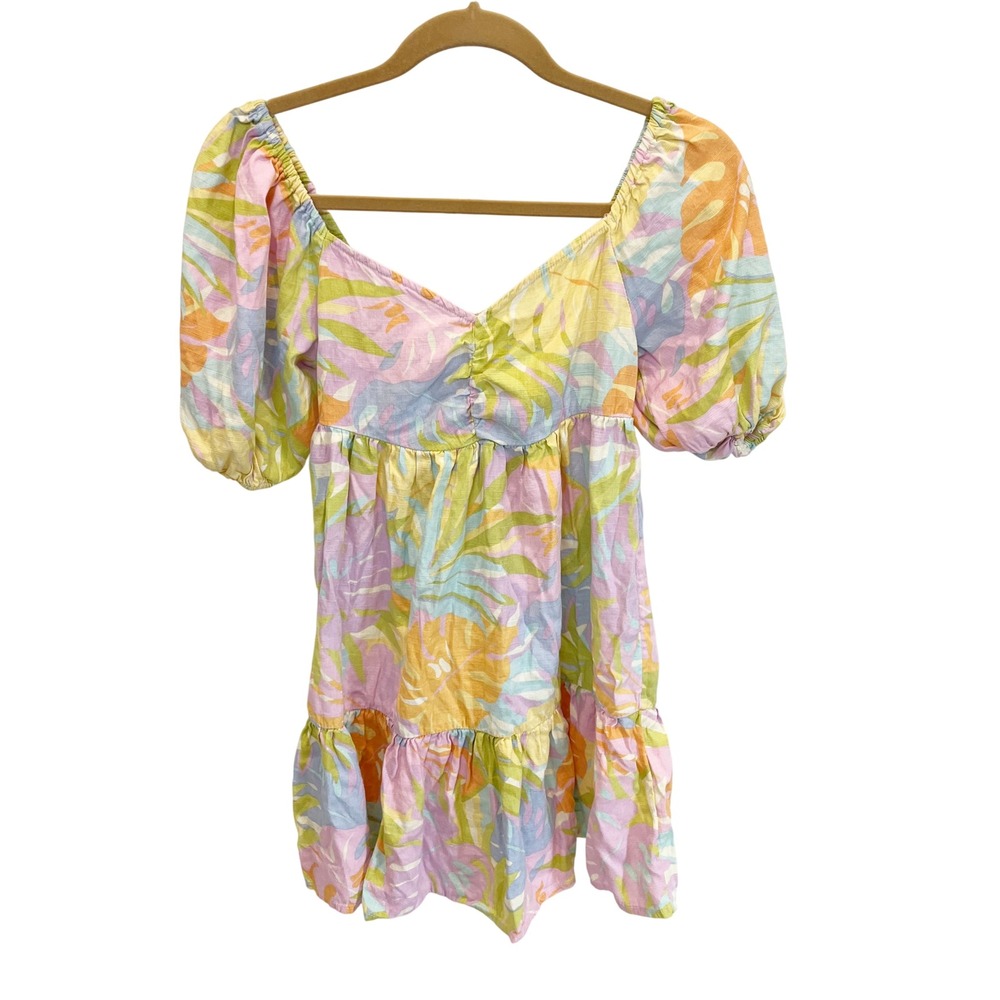 Billabong Be Mine Babydoll Dress Pastel Tropical‎ Floral Puff Sleeve Mini SMALL